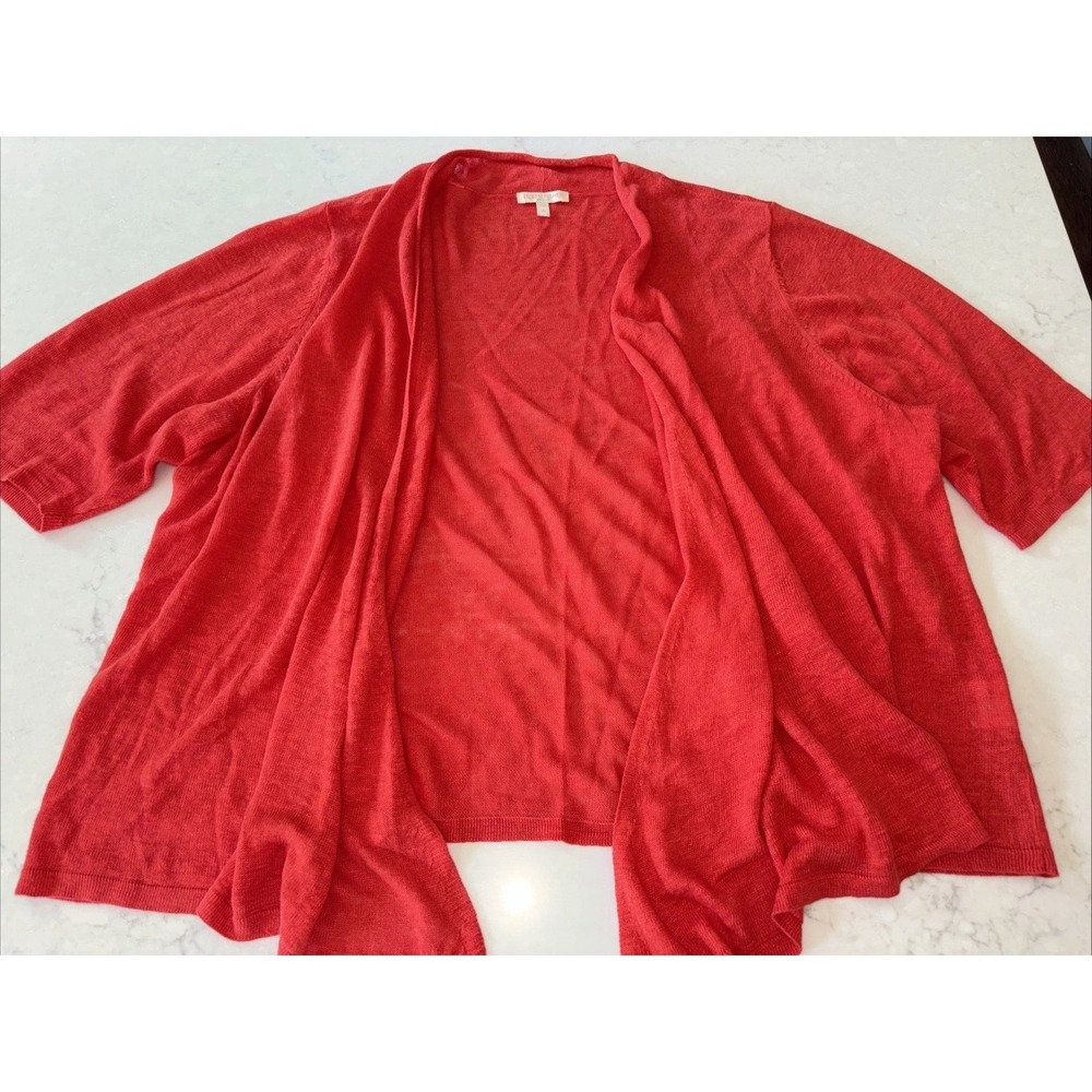Eileen Fisher Orange‎ Open Cardigan Sweater Womens 2X Organic Linen Short Sleeve